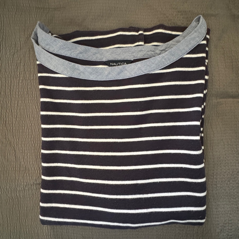Nautica Navy and White Striped Crewneck Top